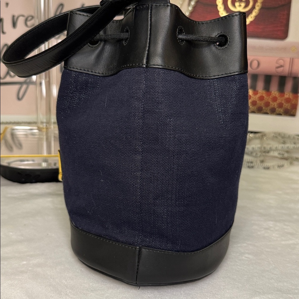 Furla Stacy Mini Bucket Bag Navy Canvas & Black Leather Crossbody EUC - Picture 9 of 9